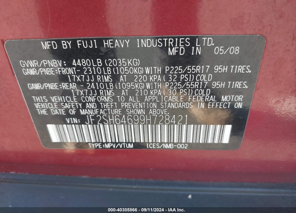 2009 SUBARU FORESTER 2.5X LIMITED VIN: JF2SH64699H728421