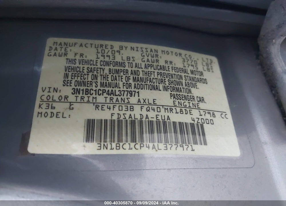 2010 NISSAN VERSA 1.8S VIN: 3N1BC1CP4AL377971