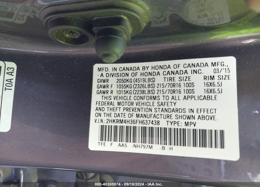 2015 HONDA CR-V LX VIN: 2HKRM4H36FH637438