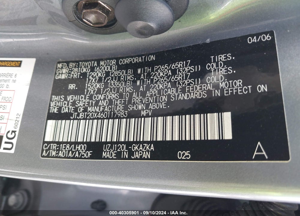 2006 LEXUS GX 470 VIN: JTJBT20X460117983