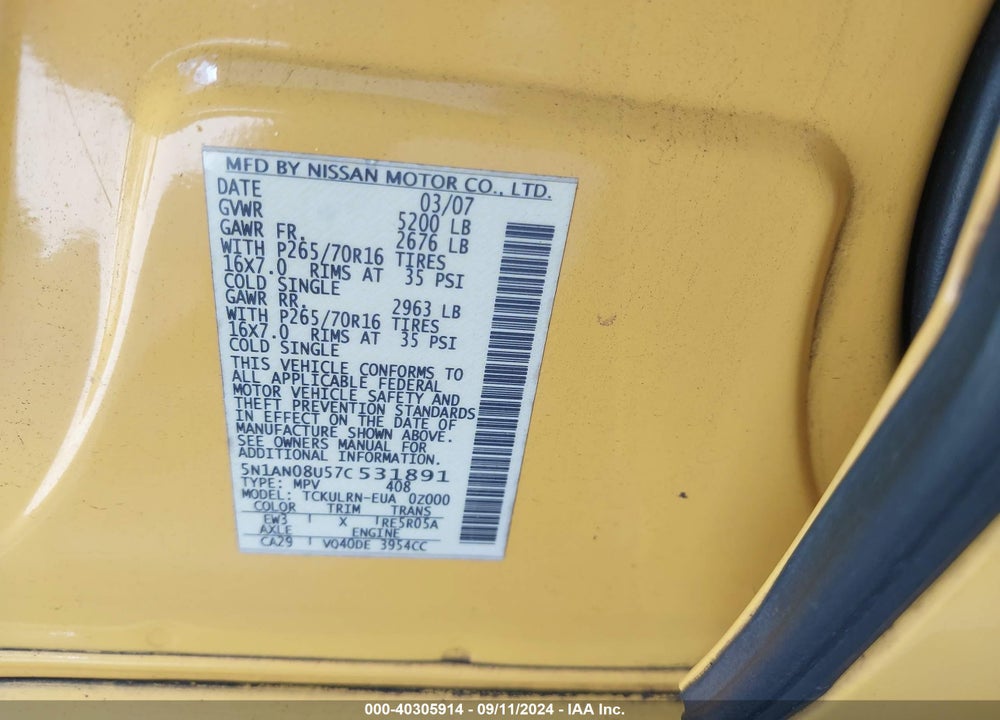2007 NISSAN XTERRA S VIN: 5N1AN08U57C531891