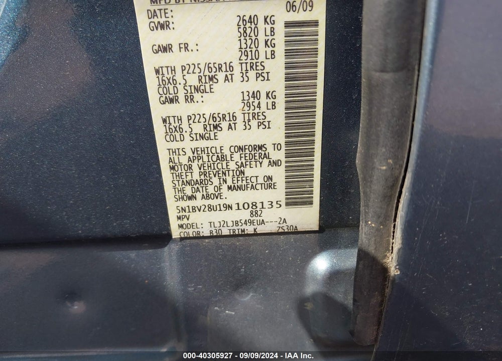 2009 NISSAN QUEST 3.5 SL VIN: 5N1BV28U19N108135