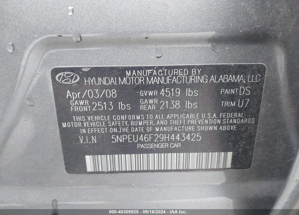 2009 HYUNDAI SONATA SE V6 VIN: 5NPEU46F29H443425