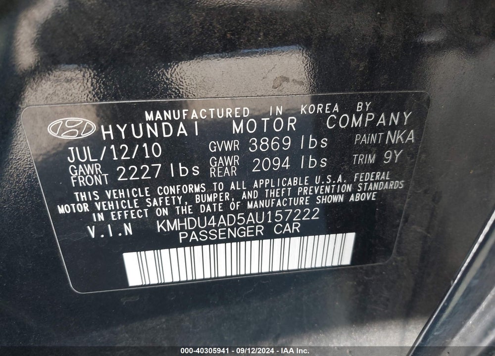2010 HYUNDAI ELANTRA GLS VIN: KMHDU4AD5AU157222