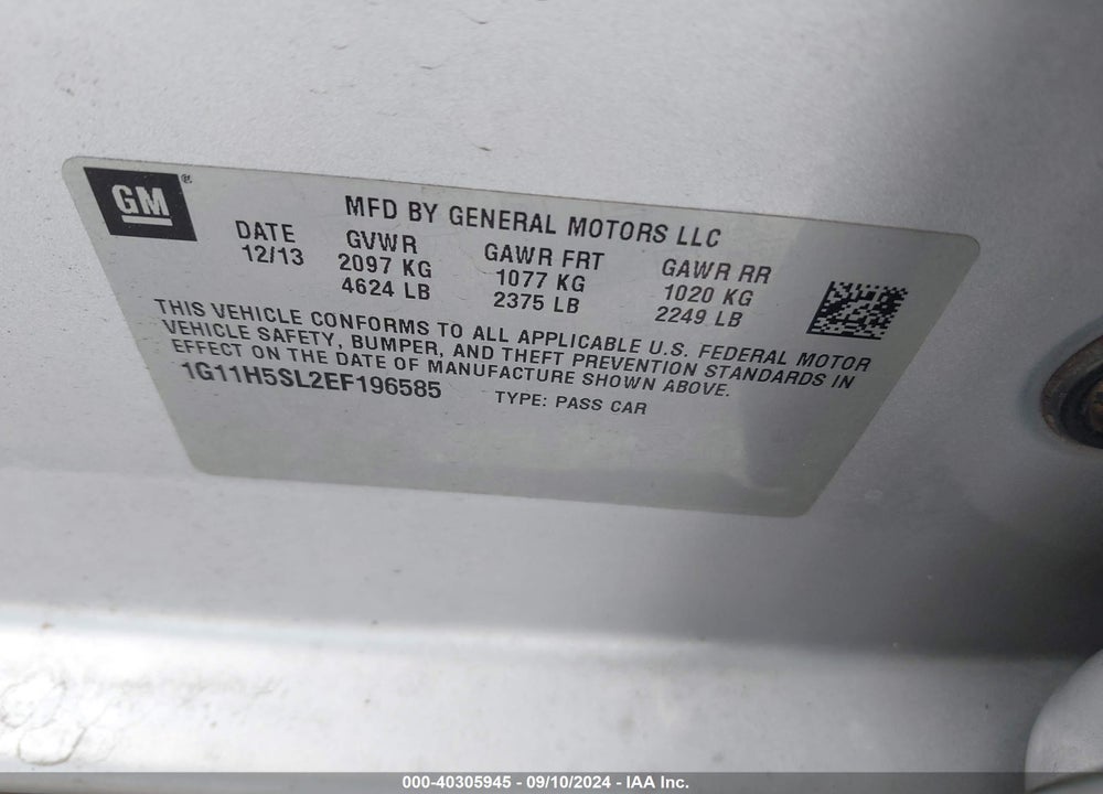 2014 CHEVROLET MALIBU 1LZ VIN: 1G11H5SL2EF196585