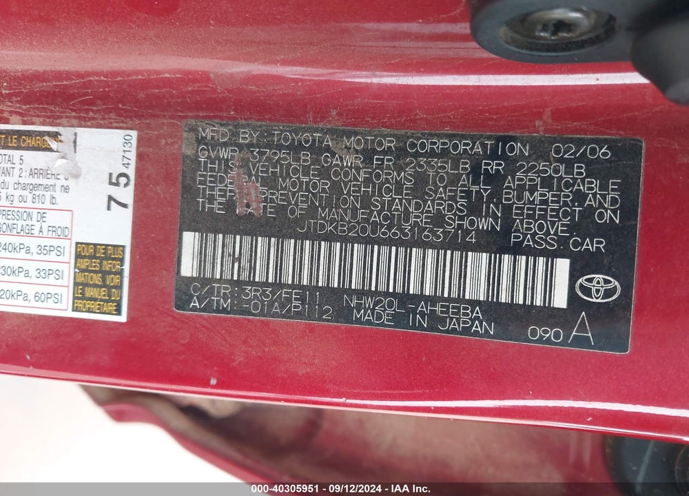 2006 TOYOTA PRIUS VIN: JTDKB20U663163714