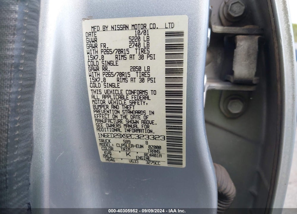 2002 NISSAN FRONTIER XE-V6 VIN: 1N6ED29X92C323323