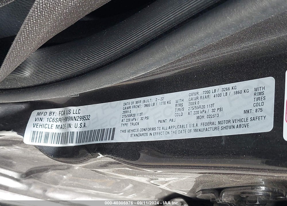 2022 RAM 1500 LIMITED 4X4 5'7 BOX VIN: 1C6SRFHM9NN299532
