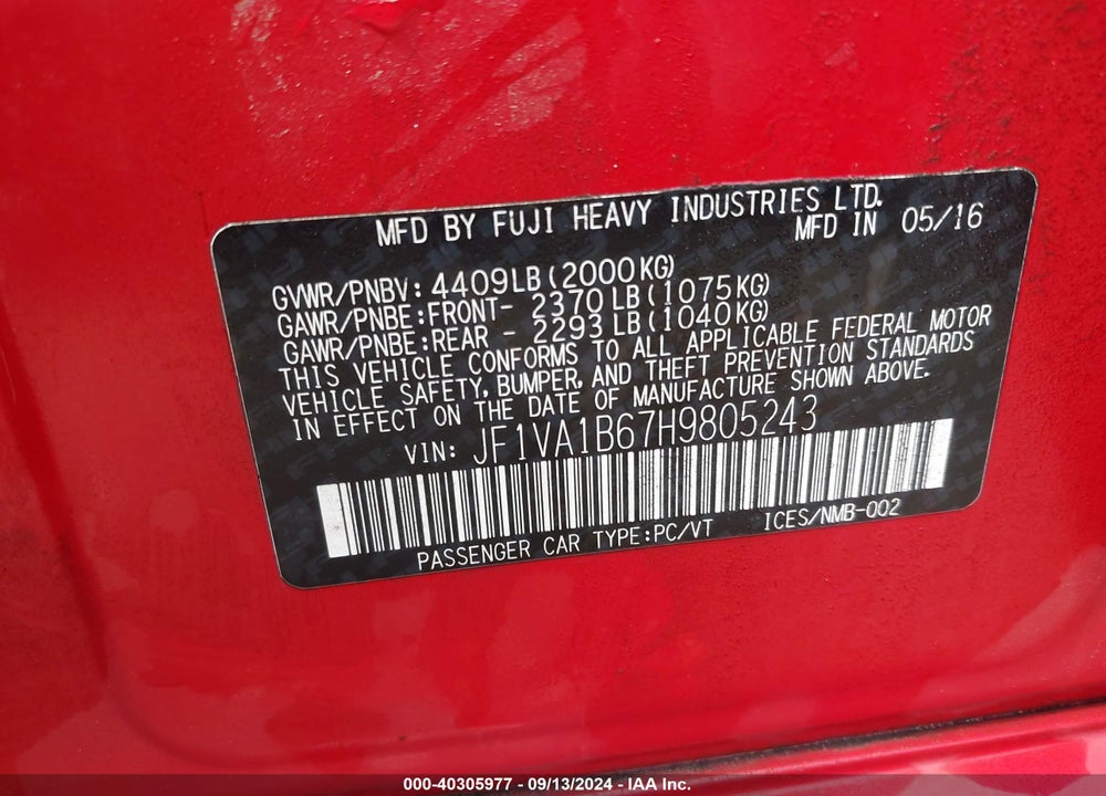 2017 SUBARU WRX VIN: JF1VA1B67H9805243