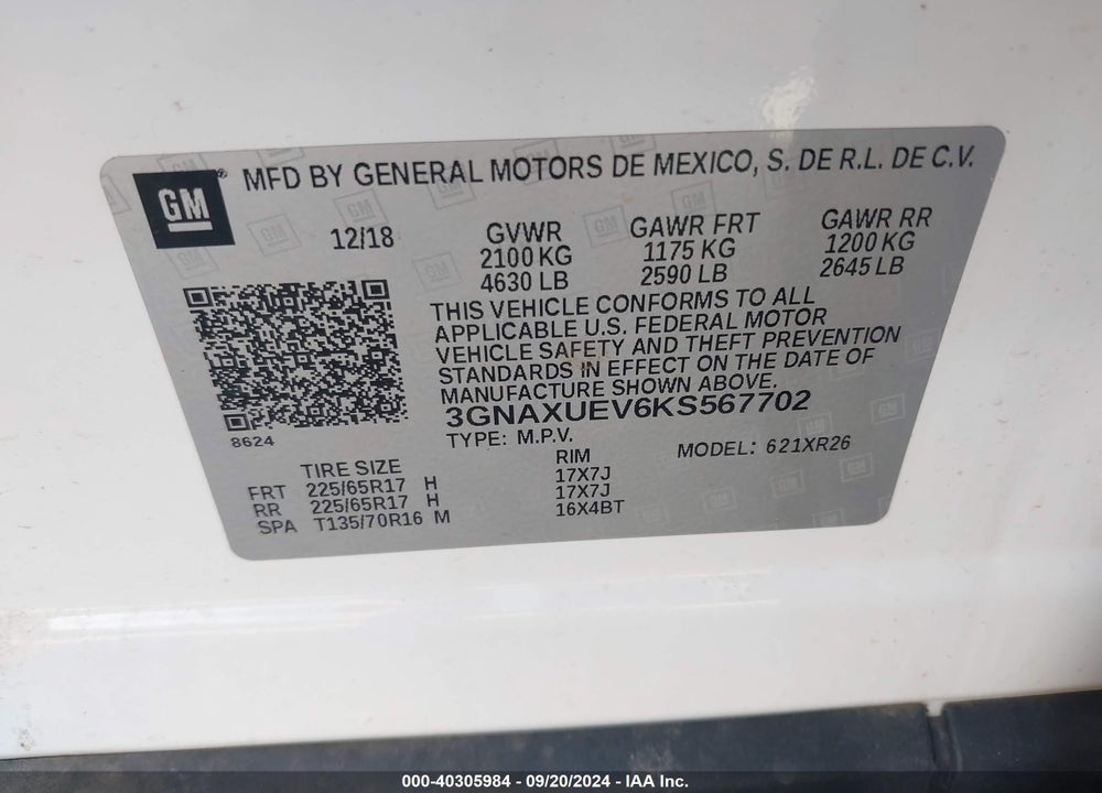 2019 CHEVROLET EQUINOX LT VIN: 3GNAXUEV6KS567702
