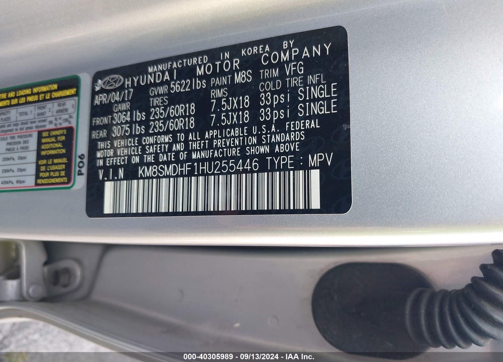 2017 HYUNDAI SANTA FE SE VIN: KM8SMDHF1HU255446
