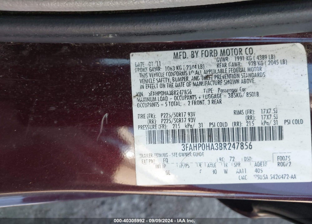 2011 FORD FUSION SE VIN: 3FAHP0HA3BR247856