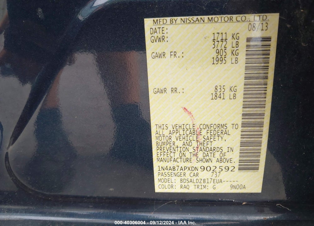 2013 NISSAN SENTRA SV VIN: 1N4AB7APXDN902592