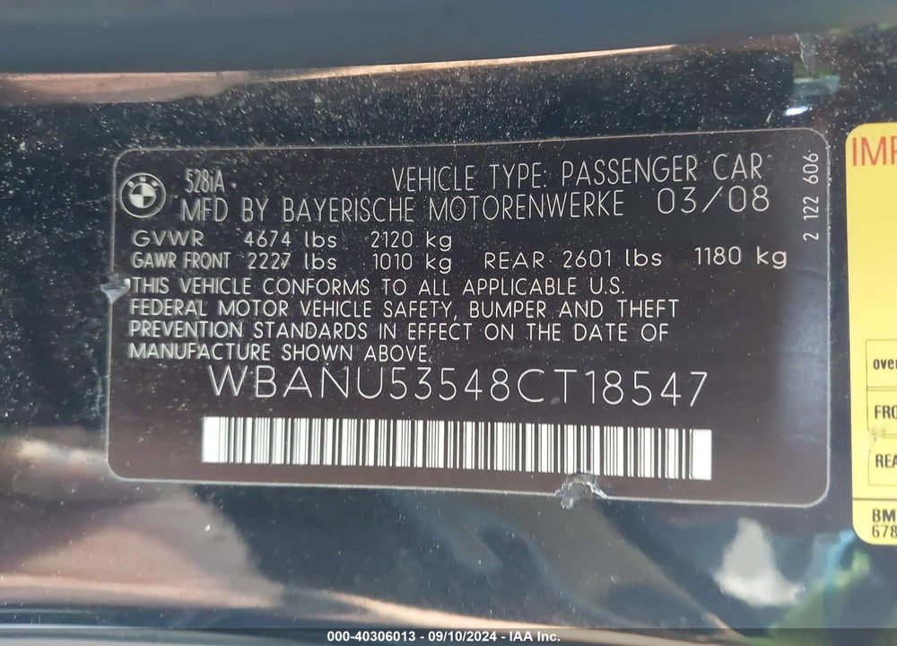 2008 BMW 528I VIN: WBANU53548CT18547