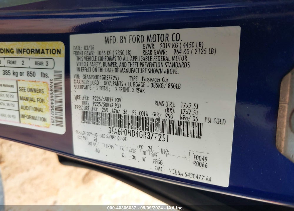 2016 FORD FUSION VIN: 3FA6P0HD4GR377251
