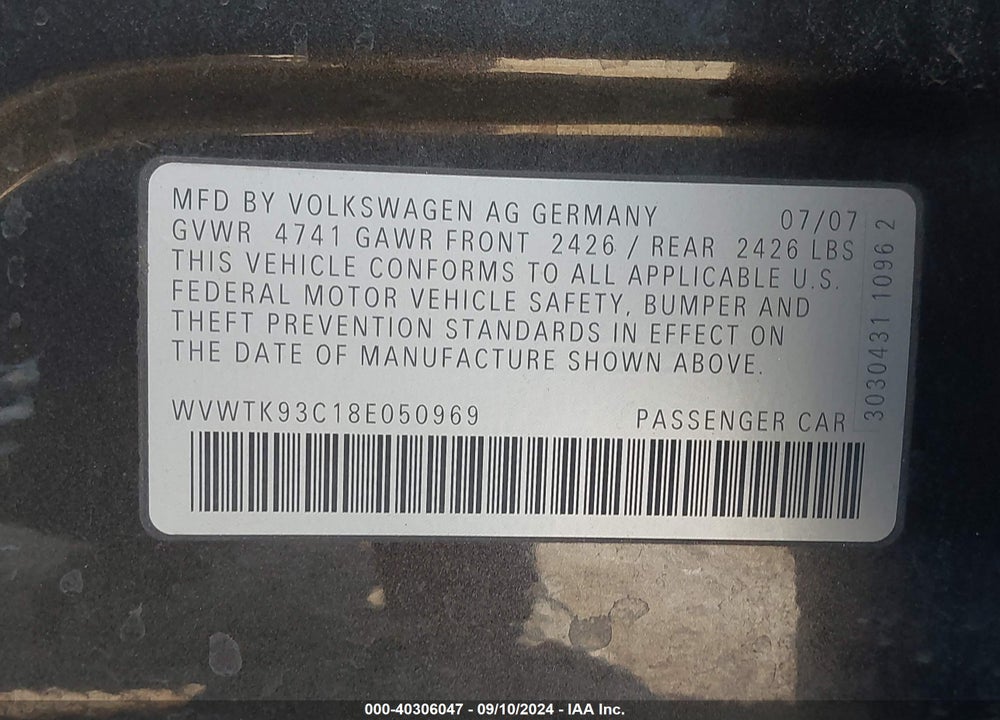 2008 VOLKSWAGEN PASSAT LUX VIN: WVWTK93C18E050969