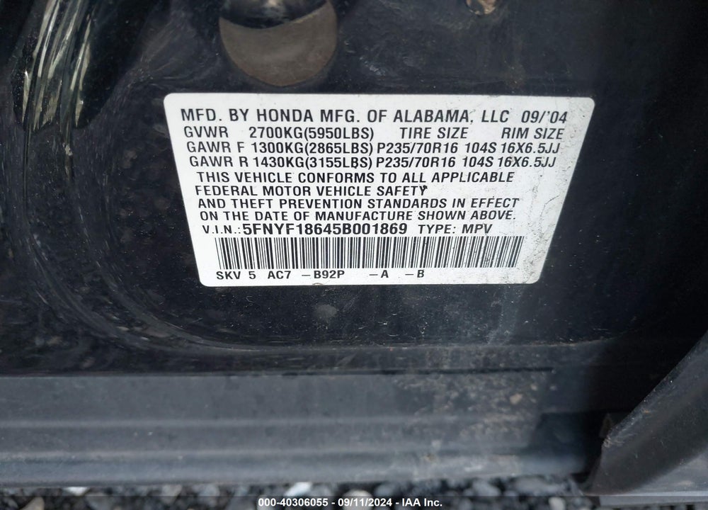 2005 HONDA PILOT EX-L VIN: 5FNYF18645B001869