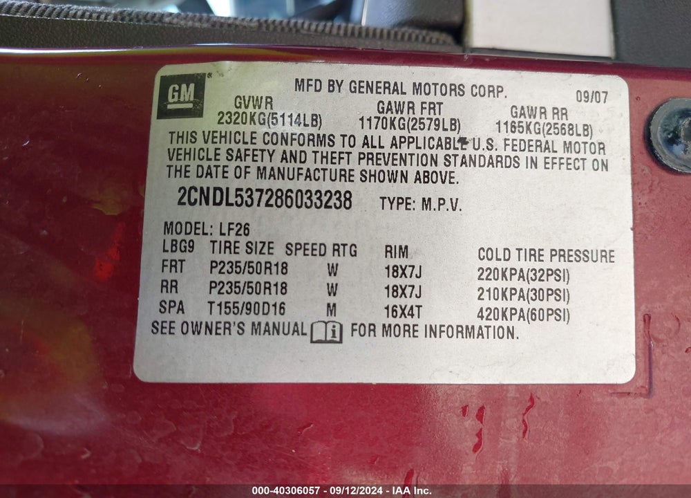 2008 CHEVROLET EQUINOX SPORT VIN: 2CNDL537286033238