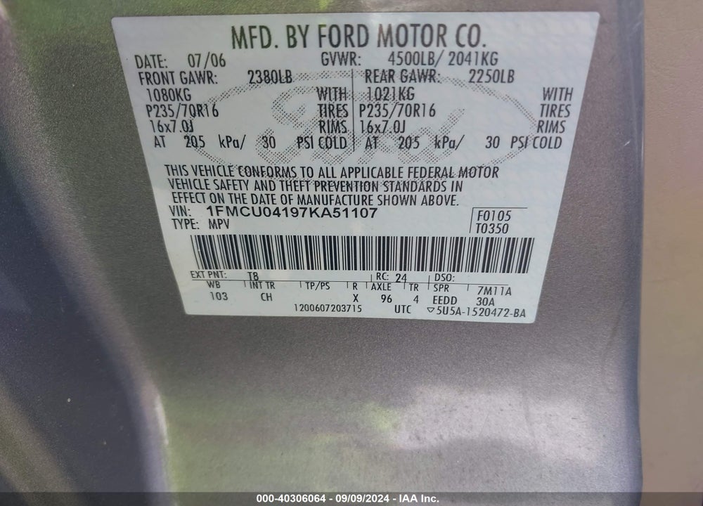 2007 FORD ESCAPE LIMITED VIN: 1FMCU04197KA51107