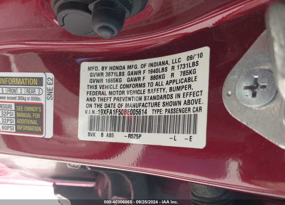 2011 HONDA CIVIC LX VIN: 19XFA1F50BE005614