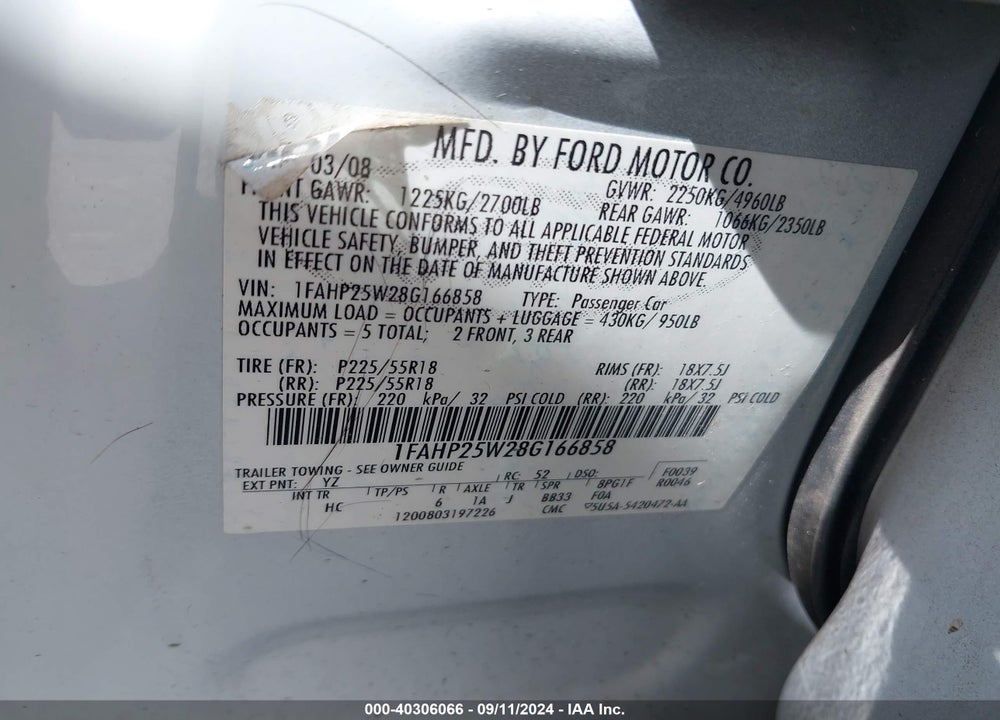 2008 FORD TAURUS LIMITED VIN: 1FAHP25W28G166858