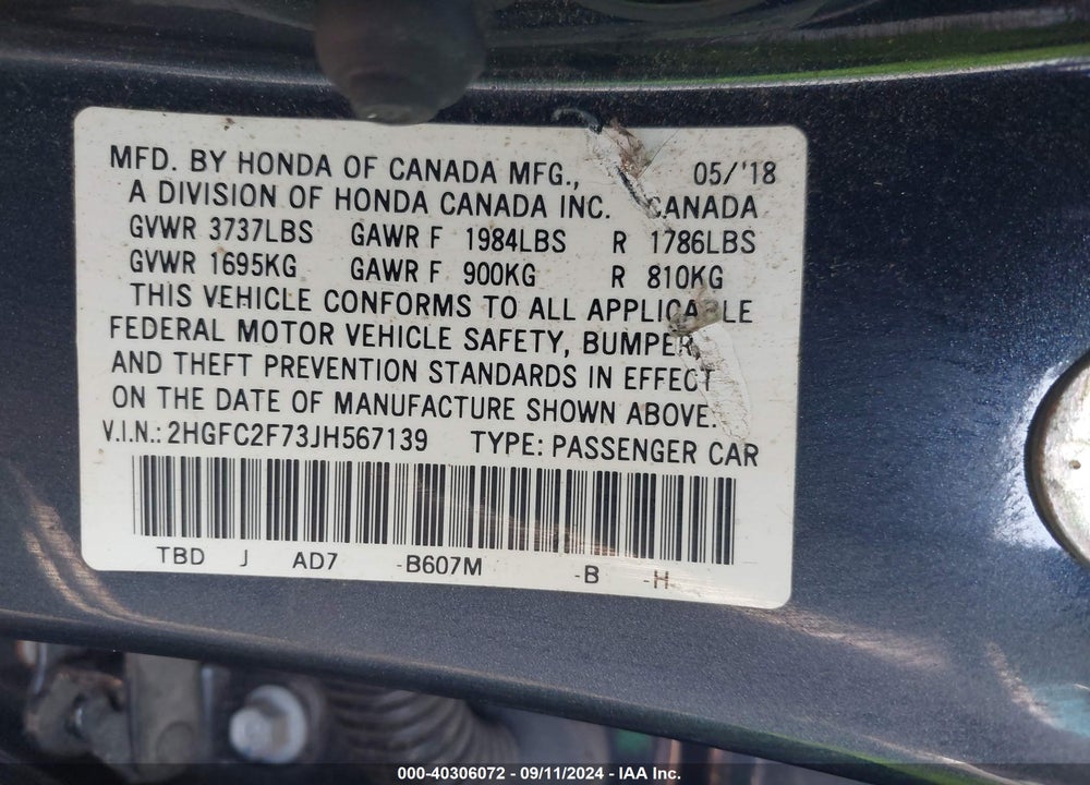 2018 HONDA CIVIC EX VIN: 2HGFC2F73JH567139