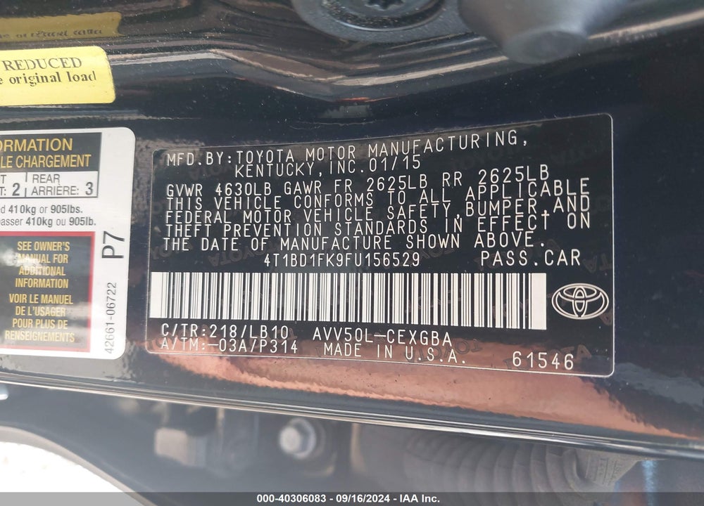 2015 TOYOTA CAMRY HYBRID XLE VIN: 4T1BD1FK9FU156529