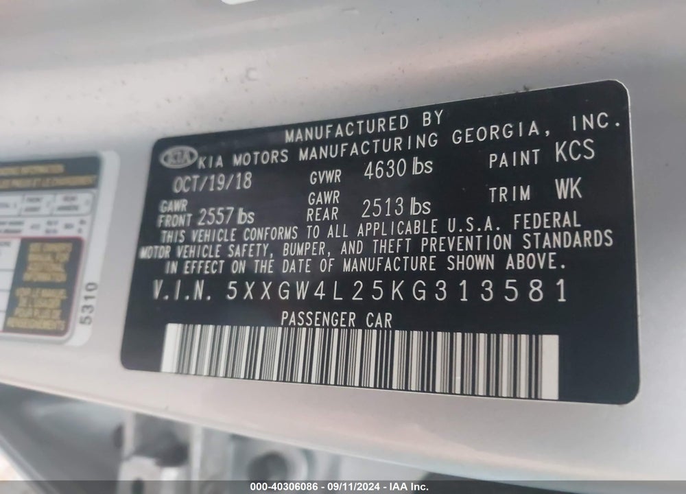 2019 KIA OPTIMA SX TURBO VIN: 5XXGW4L25KG313581