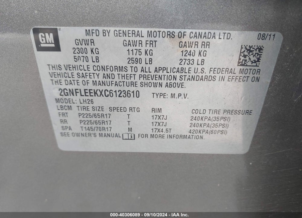 2012 CHEVROLET EQUINOX 1LT VIN: 2GNFLEEKXC6123610