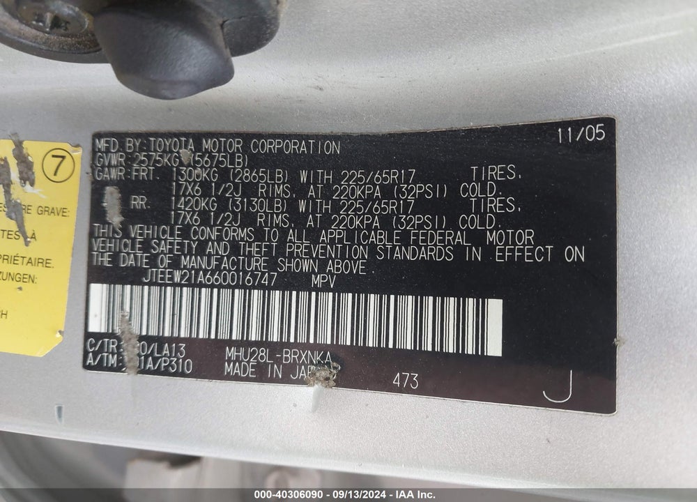 2006 TOYOTA HIGHLANDER HYBRID LIMITED V6 VIN: JTEEW21A660016747