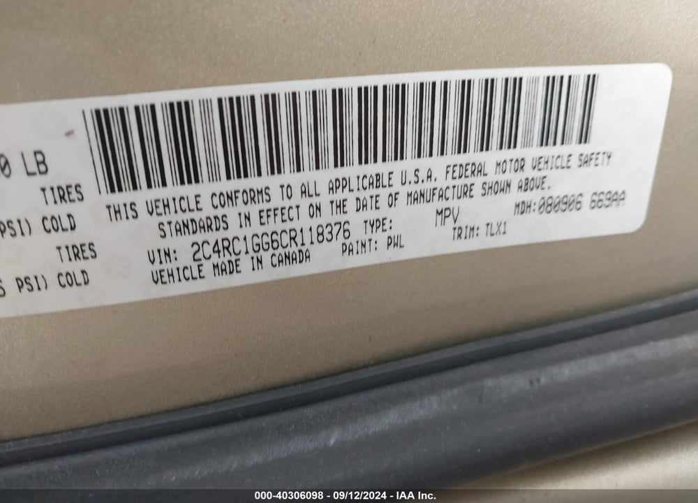 2012 CHRYSLER TOWN & COUNTRY LIMITED VIN: 2C4RC1GG6CR118376