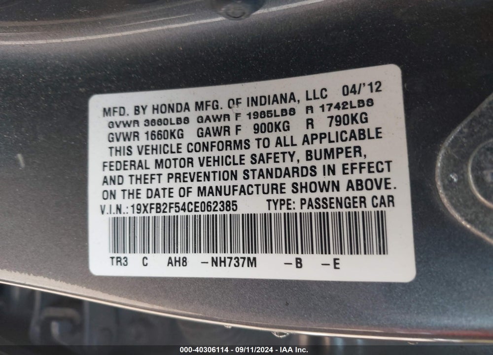 2012 HONDA CIVIC LX VIN: 19XFB2F54CE062385