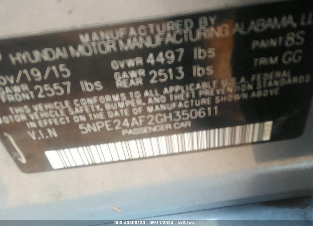 2016 HYUNDAI SONATA SE VIN: 5NPE24AF2GH350611