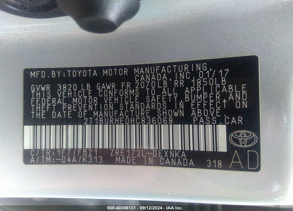 2017 TOYOTA COROLLA LE VIN: 2T1BURHE0HC836068