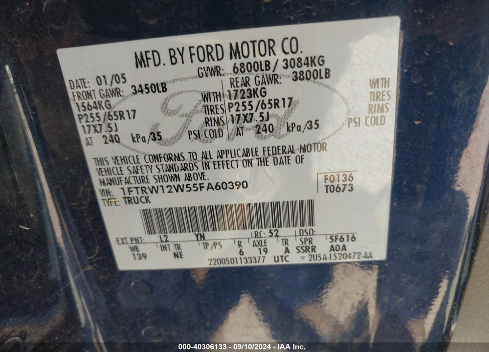 2005 FORD F-150 XLT VIN: 1FTRW12W55FA60390