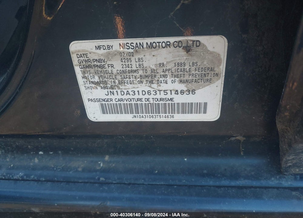 2003 NISSAN MAXIMA SE VIN: JN1DA31D63T514636