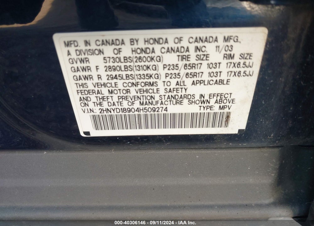 2004 ACURA MDX VIN: 2HNYD18904H509274