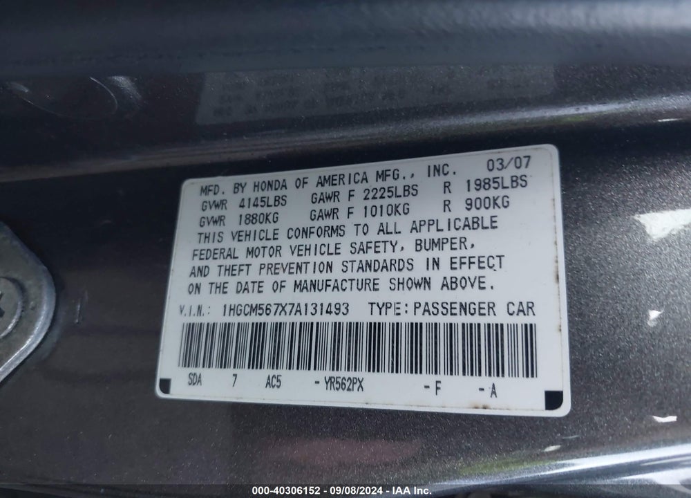 2007 HONDA ACCORD VIN: 1HGCM567X7A131493