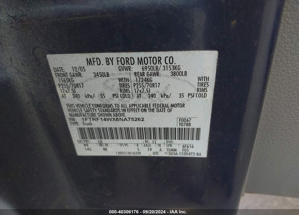 2006 FORD F-150 STX/XL/XLT VIN: 1FTRF14WX6NA75262