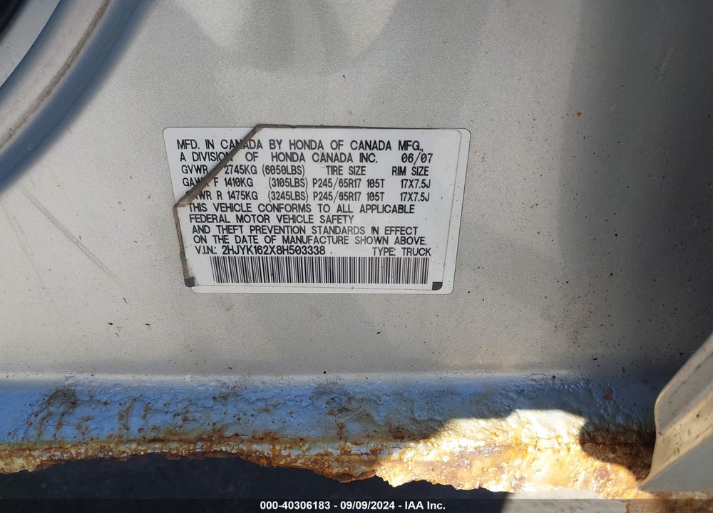 2008 HONDA RIDGELINE RT VIN: 2HJYK162X8H503338