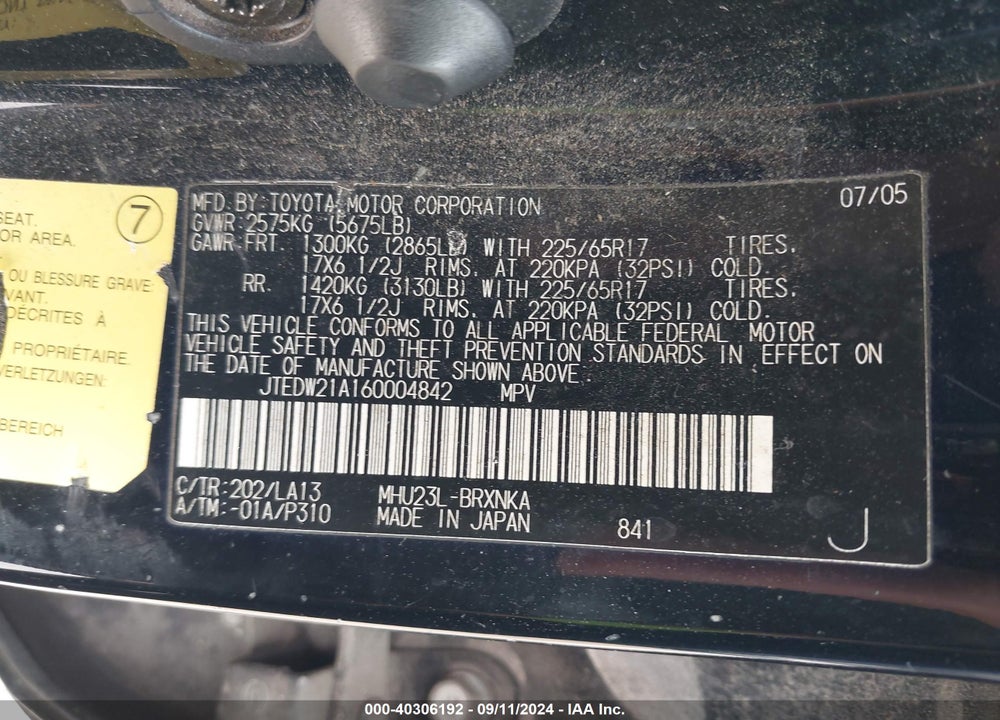 2006 TOYOTA HIGHLANDER HYBRID LIMITED V6 VIN: JTEDW21A160004842