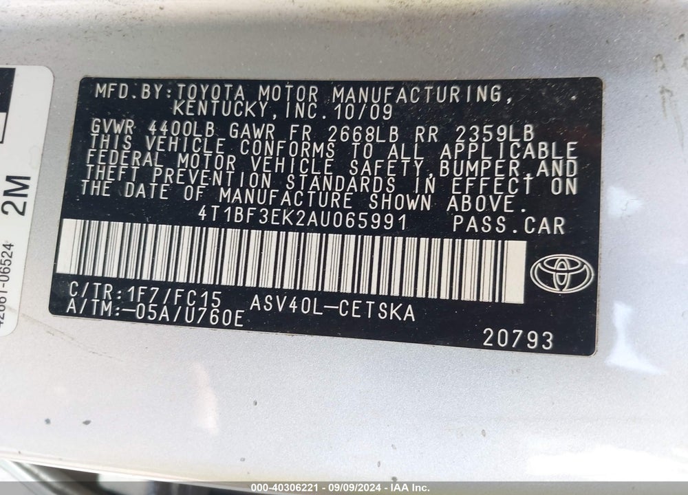 2010 TOYOTA CAMRY SE VIN: 4T1BF3EK2AU065991
