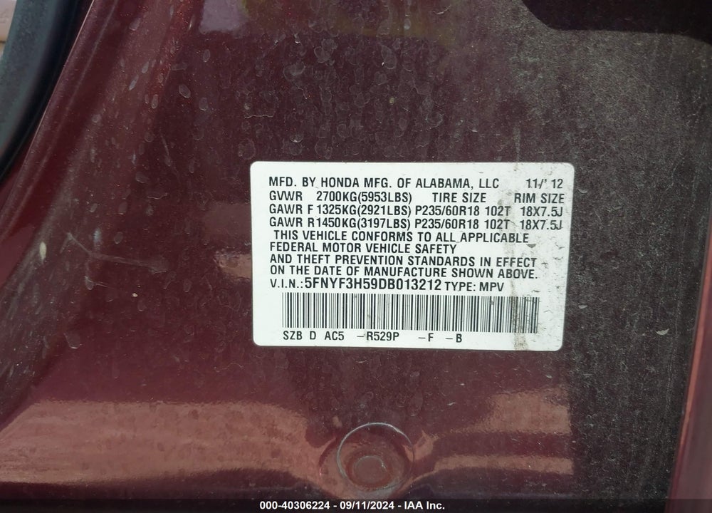 2013 HONDA PILOT EX-L VIN: 5FNYF3H59DB013212