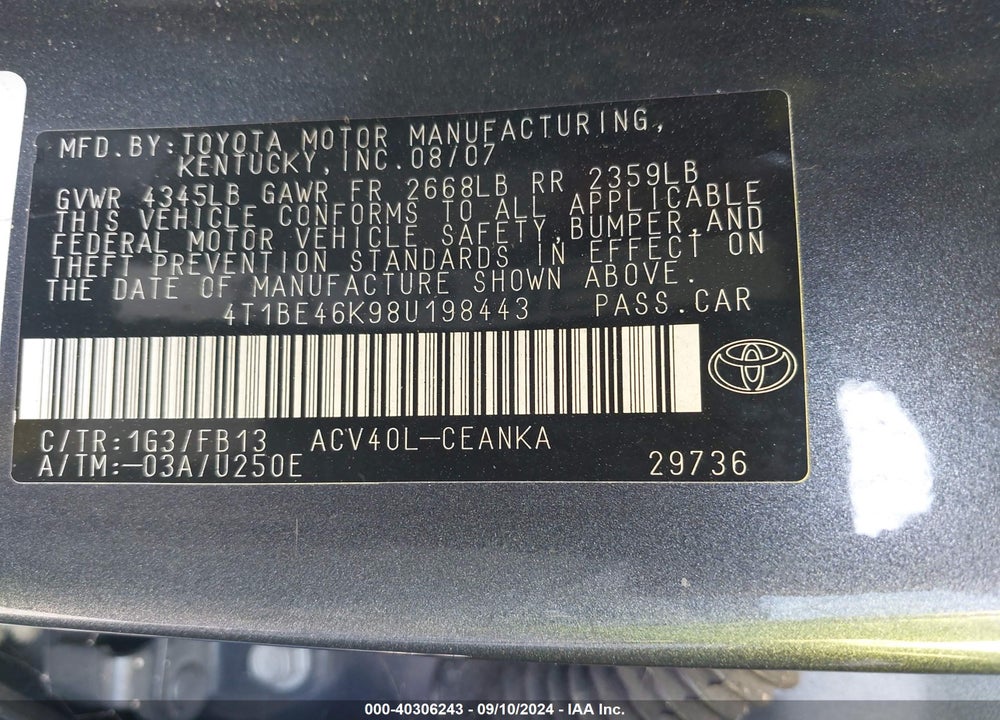 2008 TOYOTA CAMRY LE VIN: 4T1BE46K98U198443