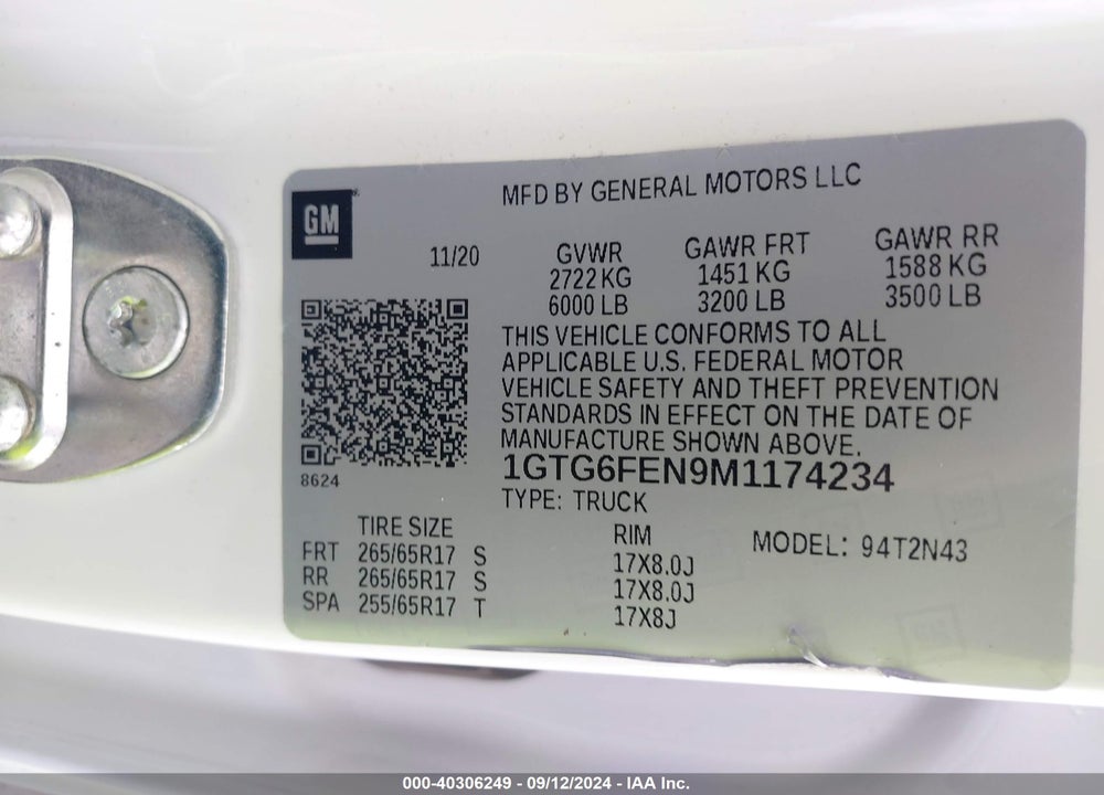 2021 GMC CANYON 4WD SHORT BOX AT4 - CLOTH VIN: 1GTG6FEN9M1174234