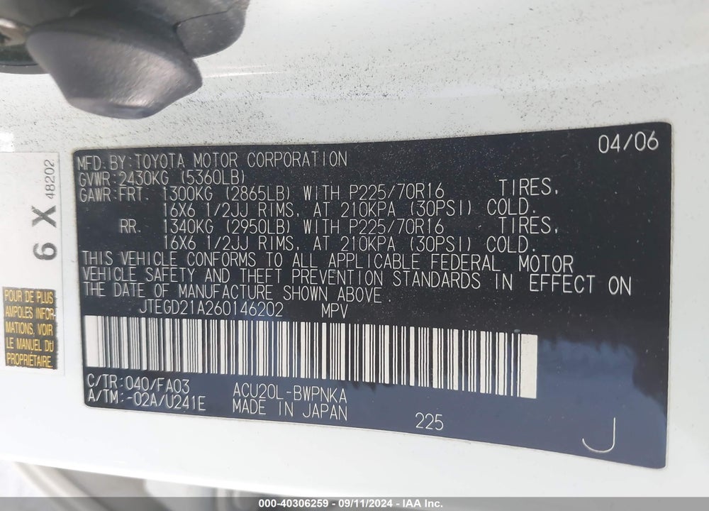 2006 TOYOTA HIGHLANDER VIN: JTEGD21A260146202