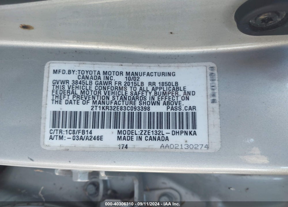 2003 TOYOTA MATRIX/XR VIN: 2T1KR32E83C093398