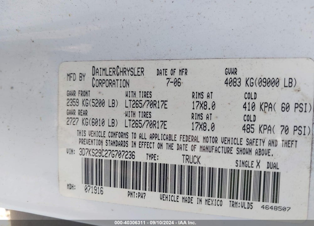 2007 DODGE RAM 2500 LARAMIE VIN: 3D7KS29C27G707236