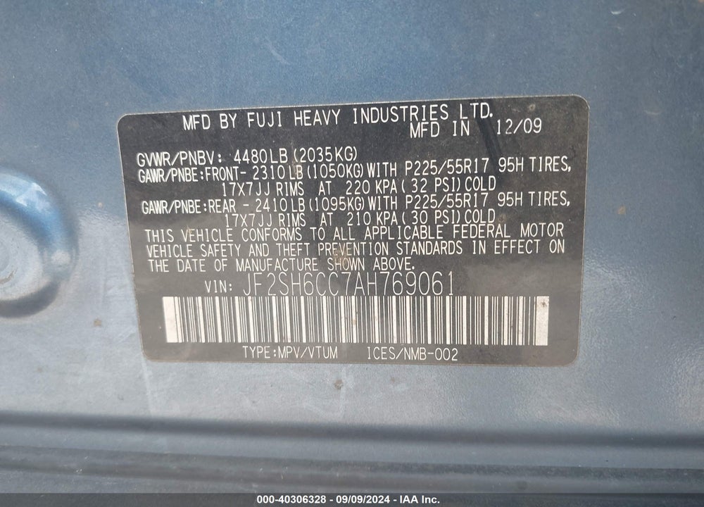 2010 SUBARU FORESTER VIN: JF2SH6CC7AH769061
