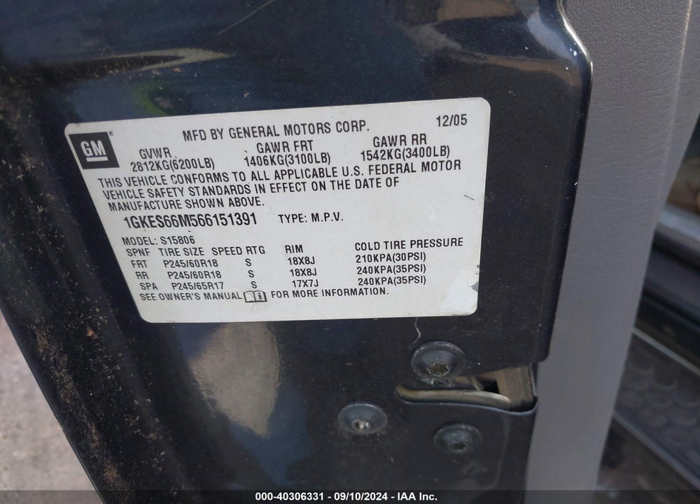 2006 GMC ENVOY XL DENALI VIN: 1GKES66M566151391